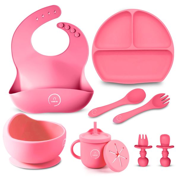 Baby weaning Set 8 pcs, Baby Food Set with Suction Bowl, Plates & Baby Spoon Adjustable Bibs First Meal Cutlery Set for New Baby