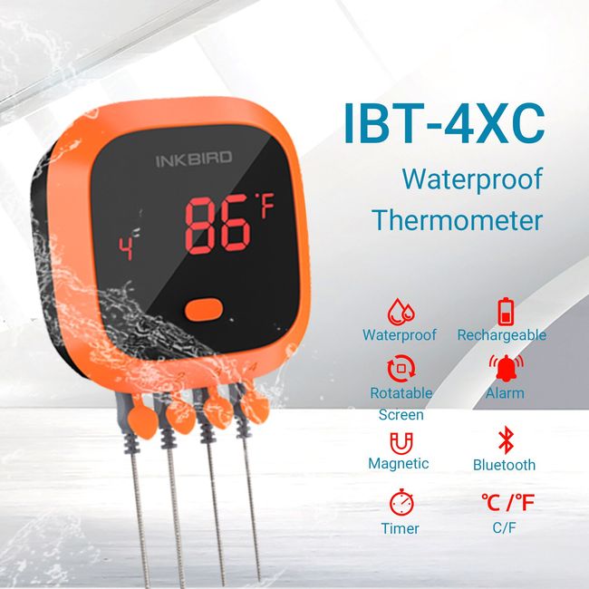 Inkbird Waterproof 150 FT Bluetooth Meat Thermometer IBT-4XC with Magnet,  Timer, Alarm and 4 Probes, BBQ Grill Digital Wireless Meat Thermometer for