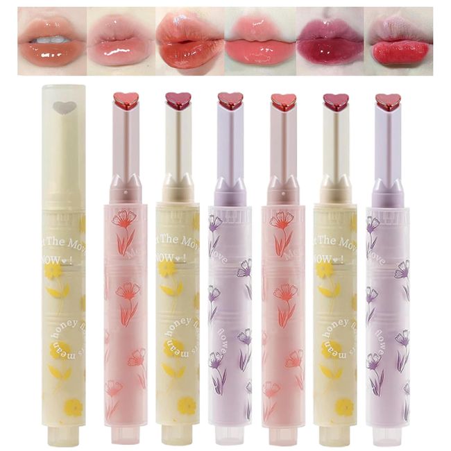 Domality 6pcs Flower Jelly Lipstick Set, 6 Colors Heart Shape Moisturizing Lip Glaze, Glossy Hydrating Lip Gloss, Mirror Effect Lip Balm Makeup Pen for Fuller Lips