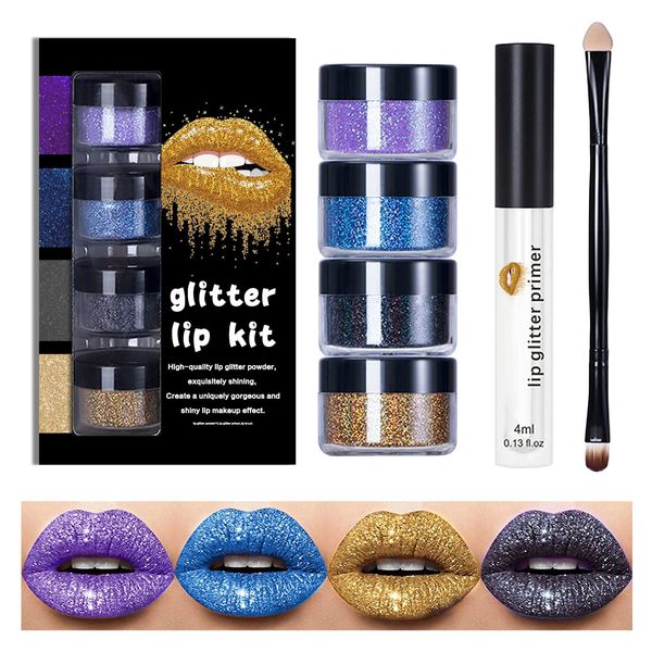 Horuili® 4 Farben Glitter Lip Kit Gloss, Metallic Shimmer Glitter Powder, Kawaii Glitter Lippenstift, mit Lip Primer und Pinsel zur Herstellung von Metallic Glitter für Lippen und Nägel (B)