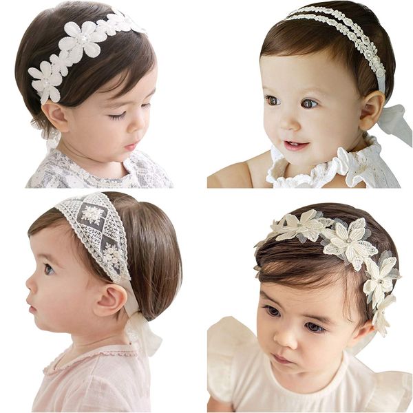 4 Pcs Baby Girl Headbands with Grosgrain Ribbon Faux Leather Stars for Baby, Girl, Toddler, Kids as Party/Wedding/Photography Accessories (White)