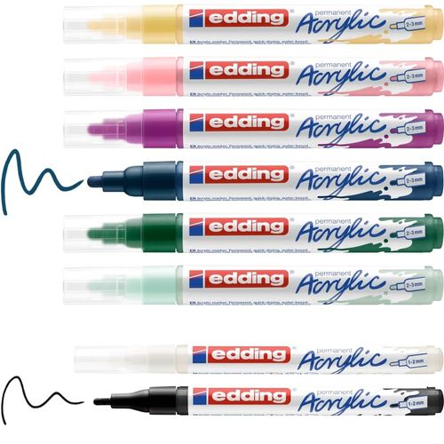 edding Start Easy Set - acrylic paint pens, waterproof; fine and medium nib, incl. postcard pad - set of 8 acrylic pens (nordic) - acrylic pens for canvas or wood - acrylic markers for rock painting
