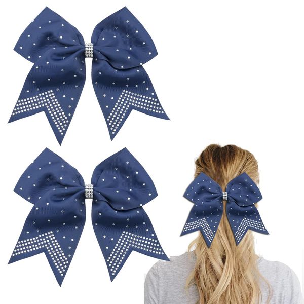 Large Cheer Hair bows with Rhinestones,Cheerleading Bow with Ponytail Holder Elastic Band for Cheerleaders Teen Girls College Sports (Navy Blue)