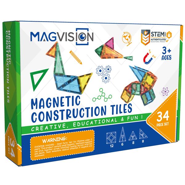 MagVision 34-Piece Magnetic Building Tiles Set, Stem Magnetic Building Blocks, Extra Strong and Safe Magnets, Stem Toys, Magnetic Blocks, Educational Toys for Children Ages 3+ Years