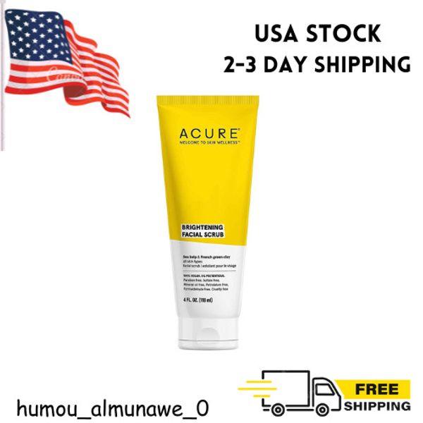 ACURE Brightening Facial Scrub All Skin Types, Kelp & French Green Clay 4 Ounce