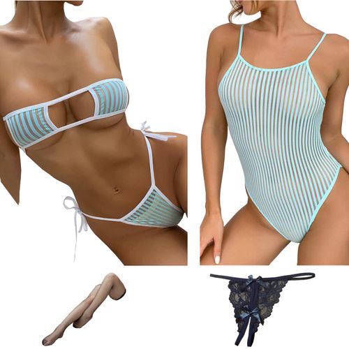 OLYOLY [Set of 2] Ultra Small Micro Bikini + Ultra Thin High Leg Leotard, Extreme Big Sister Cosplay Underwear, Brazilian Sheer, Eye Patch Bra, String Panties, Sexy Lingerie, Swimsuit, Knee-high,