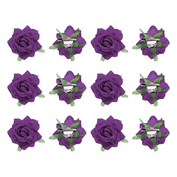 MECCANIXITY 12 Pcs Rose Flower Hair Clips 3 Inch Flower Hair Pins Flower Brooch for Women Hair Accessories Dark Purple