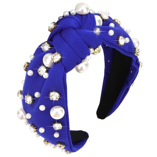 YISSION 1PC Crystal Pearl Knotted Headband for Women Non Slip Rhinestone Headband Wide Pearl Headbands for women Jeweled Embellished Hairband Blue Head Band Hair Accessories for Women Girls