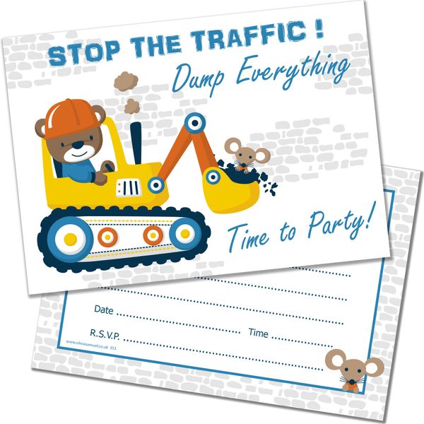 Olivia Samuel 20 x Digger Party Invites from A6 Double Sided Cards with Envelopes