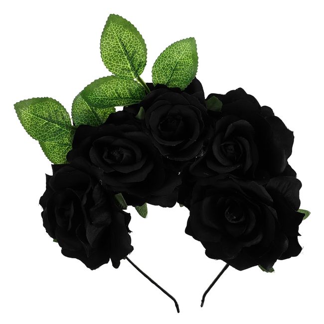 Lurrose Rose Flower Headband Mexican Floral Crown Day of the Dead Hairband for Halloween Cosplay Party (Black)