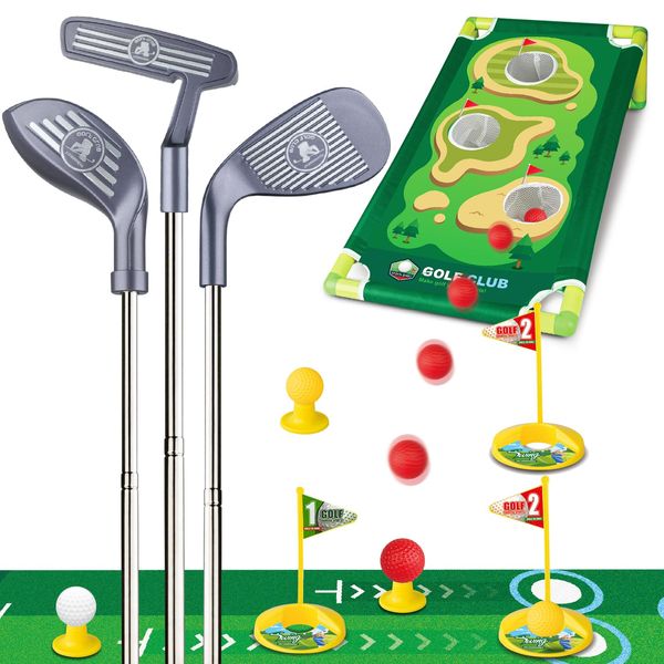 Liberry Kids Golf Club Set for 3 4 5 6 Years Old Boys Girls, Adjustable Toddler Golf Set with Putting Mat, Cornhole Board, Outdoor Indoor Sports Toy Christmas Birthday Gift