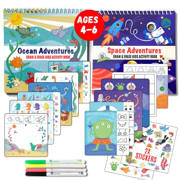 Totebook Kids Small Size Travel Educational Activity Books with Washable Markers (7"x7") - Car and Airplane Activities - Search and Find, Reusable Stickers for Ages 4, 5, 6 (Ocean & Space)