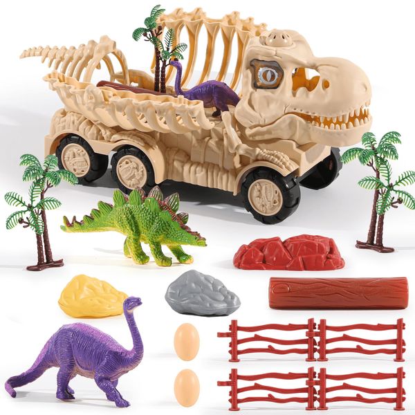 cobefy Dinosaur Fossil Skeleton Transport Truck Toy Playset with Lights & Sounds, Bone Carrier Trailer Vehicle Dino Figures Toy, Ideal Birthday Present for 3 Years Old and Up Boys & Girls