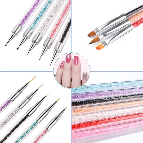 AUERVO 8PCS Nail Art Brushes, Nail Art Pens for Dotting Painting Tools Drawing Nails Brush Pen with Glitter Handle for DIY Nail Art Design