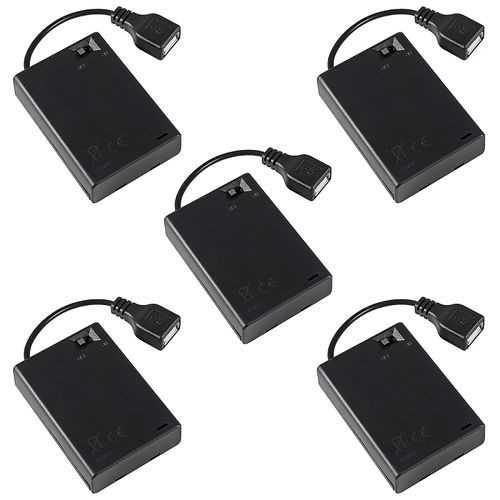 Coliao 5pcs 3 AA Battery Holder, USB Female Socket 3 AA Battery Case Box Holder 4.5-5V with Cover and On/Off Switch, USB Cable