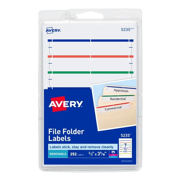 Avery File Folder Labels on 4" x 6" Sheets, Removable Adhesive, Assorted, 2/3" x 3-7/16", 252 Labels (5235)