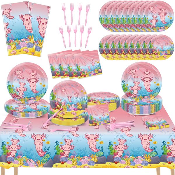 chiazllta 24 Guests Pink Cartoon Axolotl Party Supplies Reptile Animals Party Tableware Set Girl Axolotl Party Decor Favors Party Disposable Plates Napkin Tablecloths for Axolotl Birthday 98 pcs