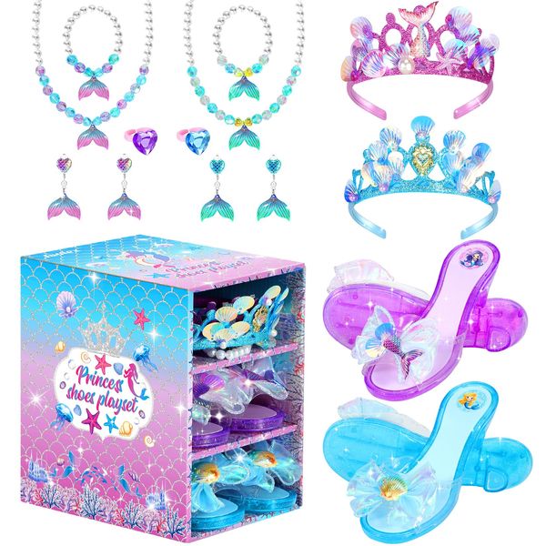 Mermaid Princess Dress Up Shoes, Toddler Dress up Toys, Girls Pretend Play Role Play Princess Shoes Set with Crown Earrings Necklaces Ring Gifts for Little Girls Aged 3-6 Years Old