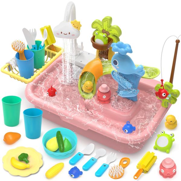 Play Sink with Running Water, 4-IN-1 Kids Kitchen Sink Toys with Electric Faucet, Water Table Floating Pool Toy w/ Fishing Game, Duck Slide, Pretend Play Dishwasher Set for Toddler Boys Girls (Pink)