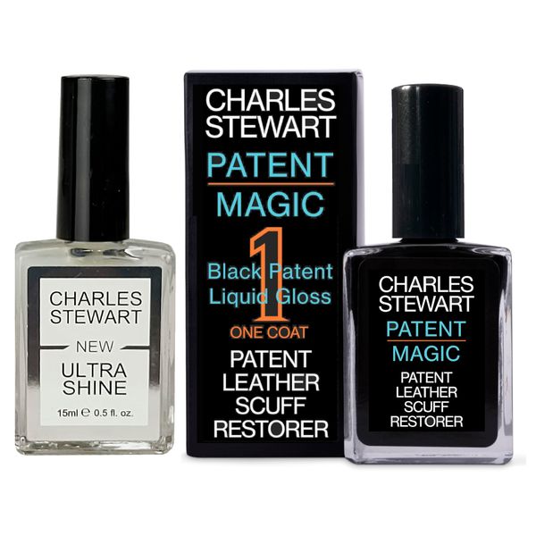 Charles Stewart Patent Magic Ultra - One Coat Black Patent Leather Restorer with Ultrashine Top Coat for Added Gloss and Protection. Real or Imitation Leather.