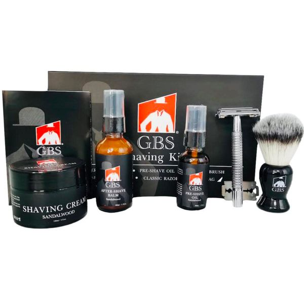 G.B.S Shaving Gift Set - DE Butterfly Safety Razor, Brush Pre shave Oil, Shaving Cream, Aftershave balm + Blades