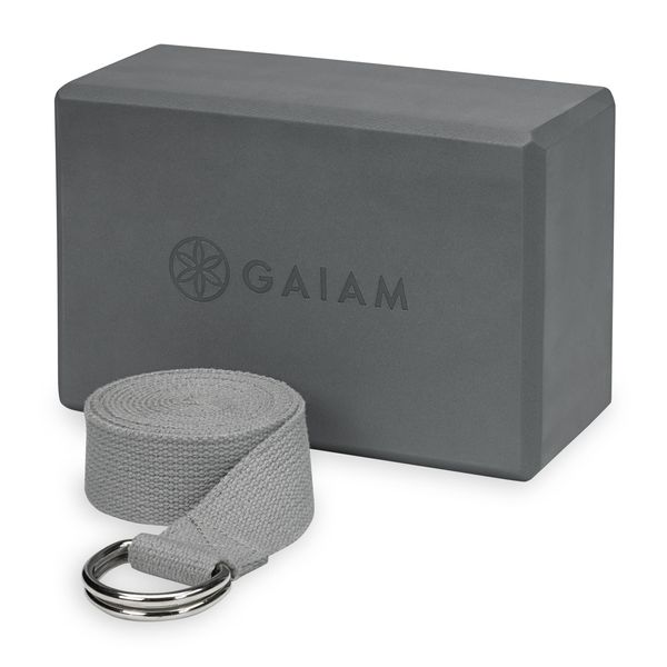 Gaiam Yoga Block & Yoga Strap Combo Set - Yoga Block with Strap, Pilates & Yoga Props to Help Extend & Deepen Stretches, Yoga Kit for Stability, Balance & Optimal Alignment - Grey