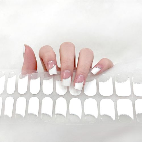 Gel Nail Polish Strips, 22PCS Semi Cured Gel Nail Polish Stickers Self-Adhesive Nail Wraps Long Lasting Waterproof Nail Art Stickers, French Tip Manicure Kit UV/LED Lamp Required - White Slanting