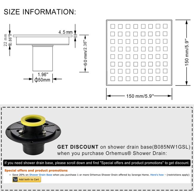 6 Inch Square Shower Floor Drain with Removable Cover Grid Grate