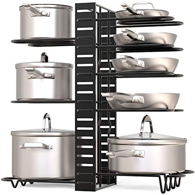 GeekDigg Pot Rack Organizer, 3 DIY Methods, Height and Position Are Adjustable 8+ Pots Holder, Black Metal Kitchen Cabinet Pantr
