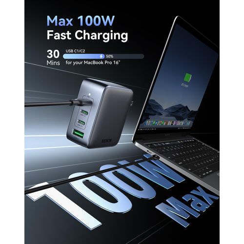 USB C Charger Block 100W, 4 Port GaN Charger USB C Fast Charging Station Foldable Compact Wall Charger Power Adapter for MacBook Pro/Air, Dell XPS, iPad Pro, iPhone 16/15, Galaxy S24, and More