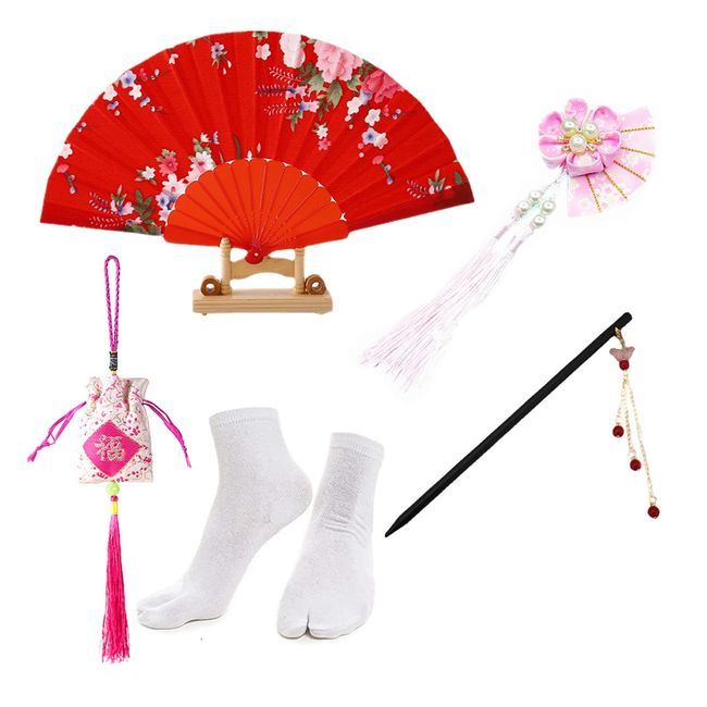 PPX 6 Pcs Japanese Anime Hand Held Folding Fans Tabi Socks Hairstick Japanese Style Fan Hairpin Butterfly Hair Chopsticks Tassel Sachets Set Cosplay