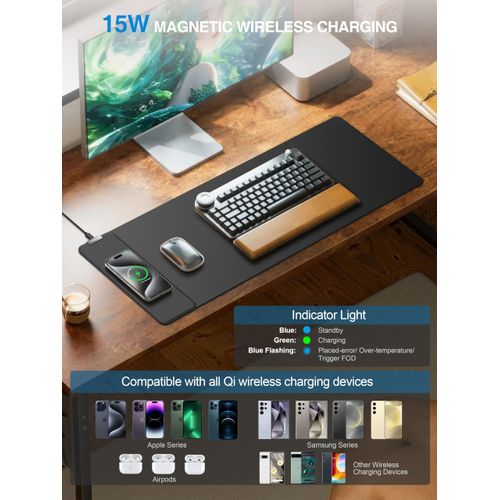 TopMade Wireless Charging Mouse Pad, Gaming Mousepad with Ultra-Smooth Surface, Non-Slip Base, Waterproof Computer Desk Pad, 31.5"x11.81" XL Large Desk Mat for MacBook, PC, Laptop