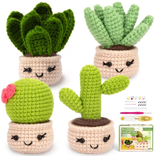 Karsspor Crochet Kit for Beginners, 4 PCS Succulents Crochet Kit with Step-by-Step Instructions and Video Tutorials, Beginner Crochet Kit, Complete Crochet Starter Kit(Patent Product)