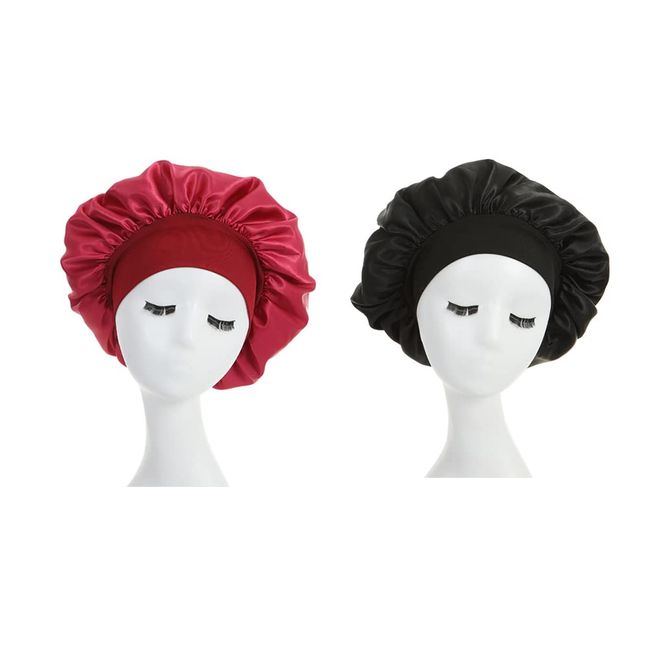 2 Pcs Wide Band Satin Bonnet Adjustable Sleep Caps Sleeping Head Cover Night Hair Protection Caps for Women Girl