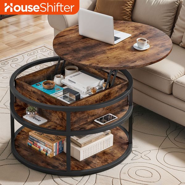 Rustic Round Lift Top Coffee Table Open-Hidden Shelf & Pet Friendly Living Room