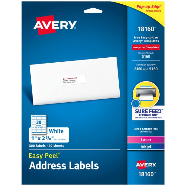 Avery® Easy Peel® Permanent Inkjet/Laser Address Labels, 18160, 1" x 2 5/8", White, Pack Of 300