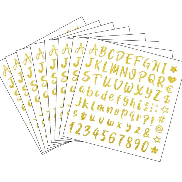 Hyakoz 8 Blätter Glitzer Buchstaben Aufkleber Gold Zahlen Aufkleber Klebebuchstaben Wetterfest Selbstklebende Buchstaben Vinyl Alphabet Sticker für DIY Handgemachte Scrapbooking GrußKarten Schilder