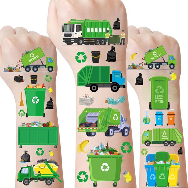 Garbage Trash Truck Temporary Tattoos - 8 Sheets 328 Pcs Trash Truck Birthday Decorations Green Recycling Rubbish Truck Party Favors Waste Management Tattoo Stickers for Kids Classroom Prizes Rewards