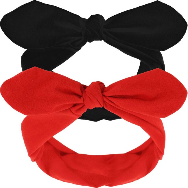 2 Pieces Retro Headbands Woman Girl Headbands with Bows Cotton Handmade Hairbands Baby Vintage Wire Headband Rabbit Ear Bow Hair Band Headwrap (Red and Black, Adult Size)