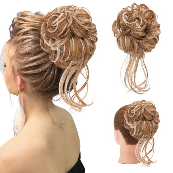 Messy Bun Hair Piece, S-noilite Long Tousled Updo Hair Bun Extensions Wavy Hair Wrap Ponytail Hairpieces Hair Scrunchies with Elastic Hair Band for Women, Light Brown with Blonde Mixed