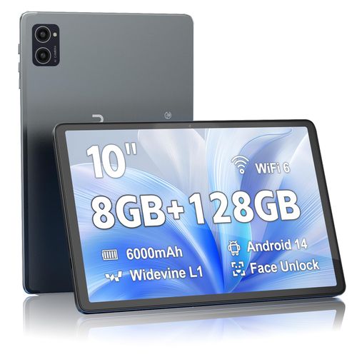 Tablet, Android Tablet, 8GB RAM 128GB ROM 1TB Expansion, 8-Core Processor, 10 inch 800x1280 HD Touch Screen, 2MP+5MP Dual Camera, WiFi 6, BT 5.0, 6000mAh Battery & Quad Speakers, Metal Grey