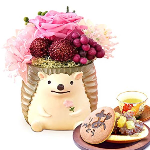 03. Oimoya Flowerpot Set with Preserved Flower Arrangement and Sweets, Rose, Dorayaki, Green Tea, Flowers, Animal, Hedgehog