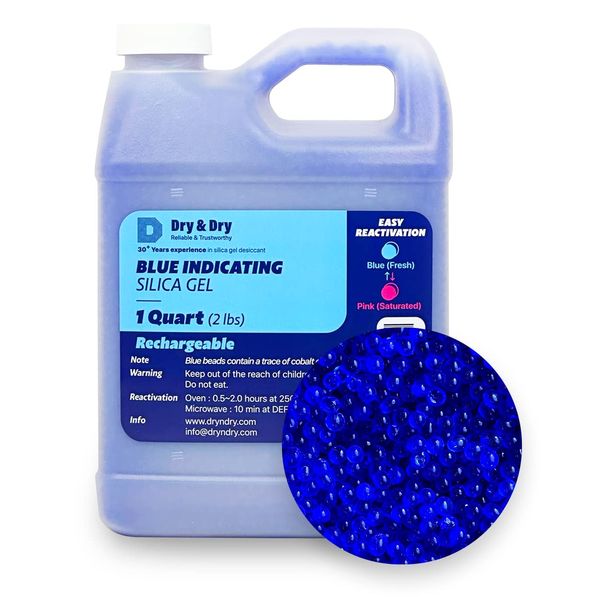 Dry & Dry [2 LBS] Blue Premium Indicating Silica Gel Beads(Industry Standard 3-5 mm) - Reusable Desiccant Beads Silica Gel Desiccant