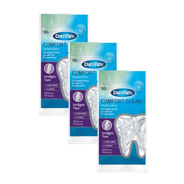 Dentek Comfort Clean Zahnseide Sticks, speziell für Backenzähne - Zahnreinigung der hinteren Zahnzwischenräume - Minzgeschmack - Fluorid - Zahnstocher, 3 x 30 Stück