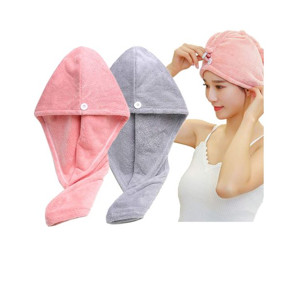 Hair Drying Towel, Dry Cap, Set of 2, Quick Drying, For Long Hair, Lightweight, Shower Cap, Strong Absorbent, After Bath, Fluffy, Hair Turban, Hair Cap, Bath Supplies, Light Gray + Red Cheeks)