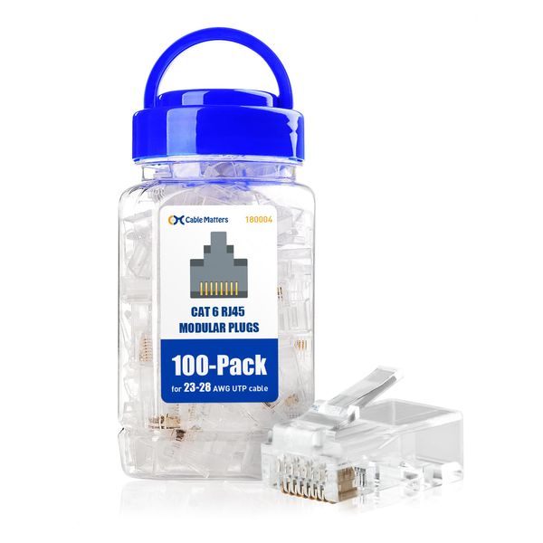 Cable Matters 100-Pack CAT6 RJ45 Modular Plugs (RJ45 Connectors / Cat6 Connector / Cat6 RJ45 Ends / RJ45 Plugs) for Solid or Stranded UTP Cable