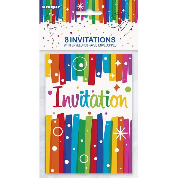 Vibrant Rainbow Ribbon Birthday Party Invitations (13cm x 10cm) Pack of 8 - Kids Birthday Party Invitation for Celebrations