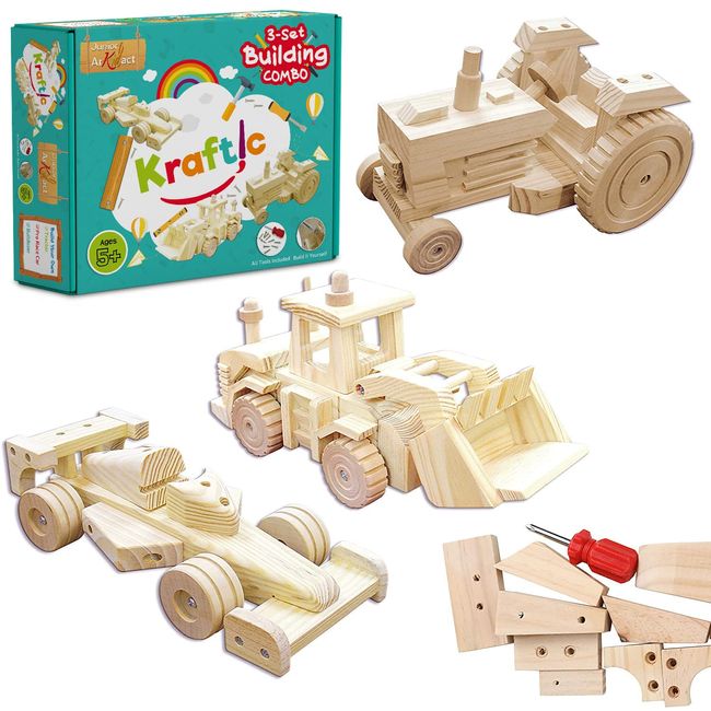 Kraftic Woodworking Building Kit for Kids, with 3 Educational DIY Carpentry Construction Wood Model Kit Toy Projects for Boys and Girls- Tractor, Bulldozer and Racing Car