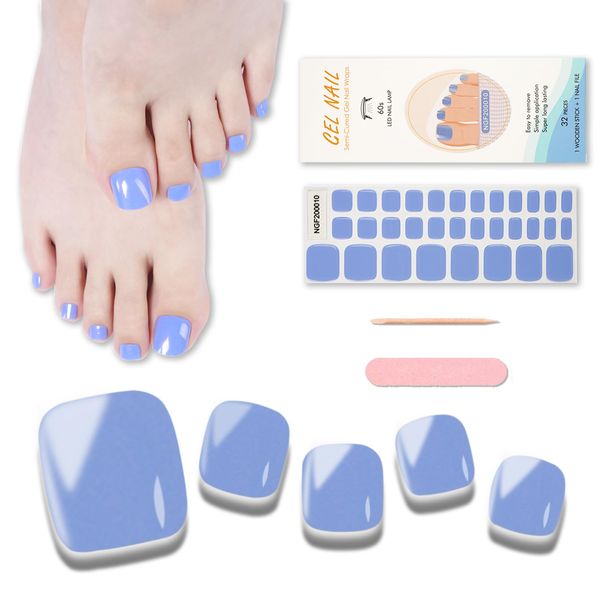 Wekcekcek Semi Cured Gel Toenail Strips, 32 Mysterious Blue Toenail Stickers Pedicure Strips Salon Quality Nail Wraps with Nail File & Wood Stick(UV/LED Lamp Required)