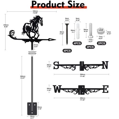 Black Metal Weathervane,Stainless Steel Horse Weather Vane Roof Mount, Wind Direction Indicators Wind Measuring Tool Outdoor, Wind Vane Ornament Decoration for Shed Garden Yard Farmhouse Patio Decor